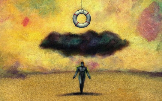illustration of life preserver hanging over a black cloud and dark figure