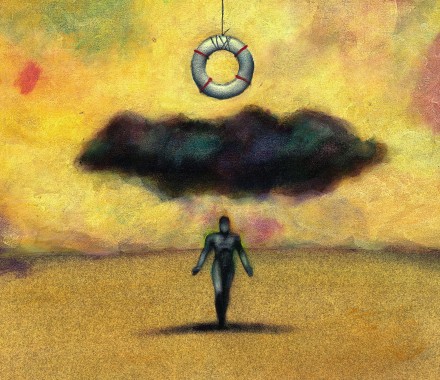 illustration of life preserver hanging over a black cloud and dark figure