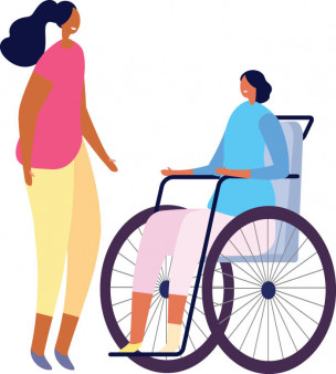 illustration woman in wellchair and a woman standing